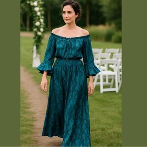 Y2K ELIE TAHARI BLUE SILK BOHO SNAKESKIN PRINT 3/4 SLEEVES MAXI DRESS SZ XL